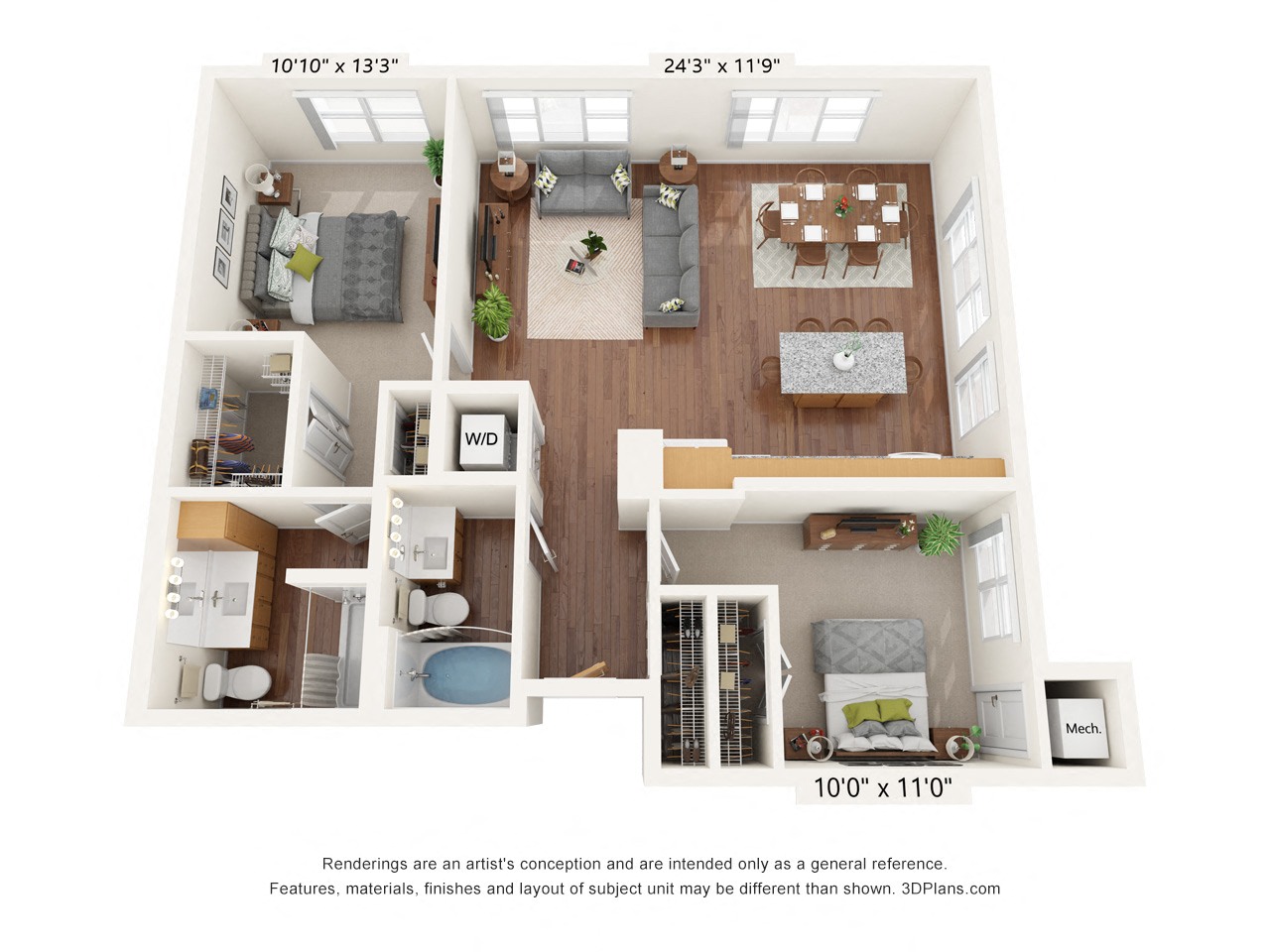 Floor plan for 2 beds, 2 baths, 1045 sqft